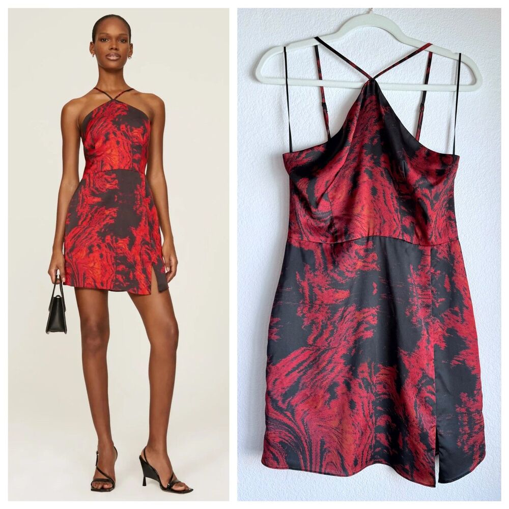 Louna Abstract Print Strappy Halter Mini Dress with Slit in Red & Black Size S